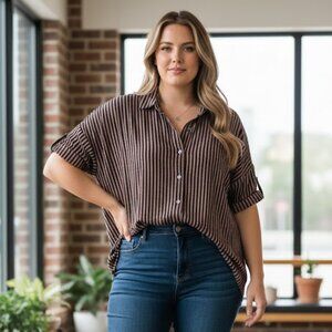 Jane and Delancey 2X Brown & Black Striped High-Low Button Down Shirt